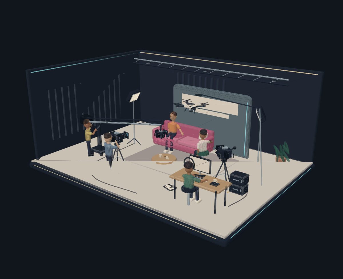 NexReel studio with an interview set, crew, camera crane and drone